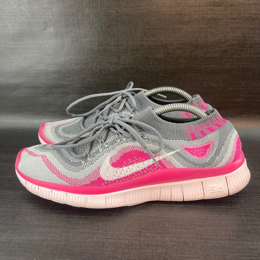 Nike Free 5.0 Flyknit Womens 6.5‎ Grey Pink Running Athletic Shoes 615806-016